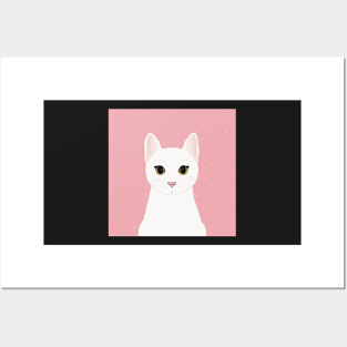 The cute white cat queen is watching you , white feathers and small kitten footsteps in the pink background Posters and Art